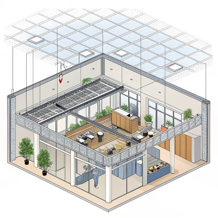 3D-Illustration einer abgehängten Decke in einer Büroumgebung