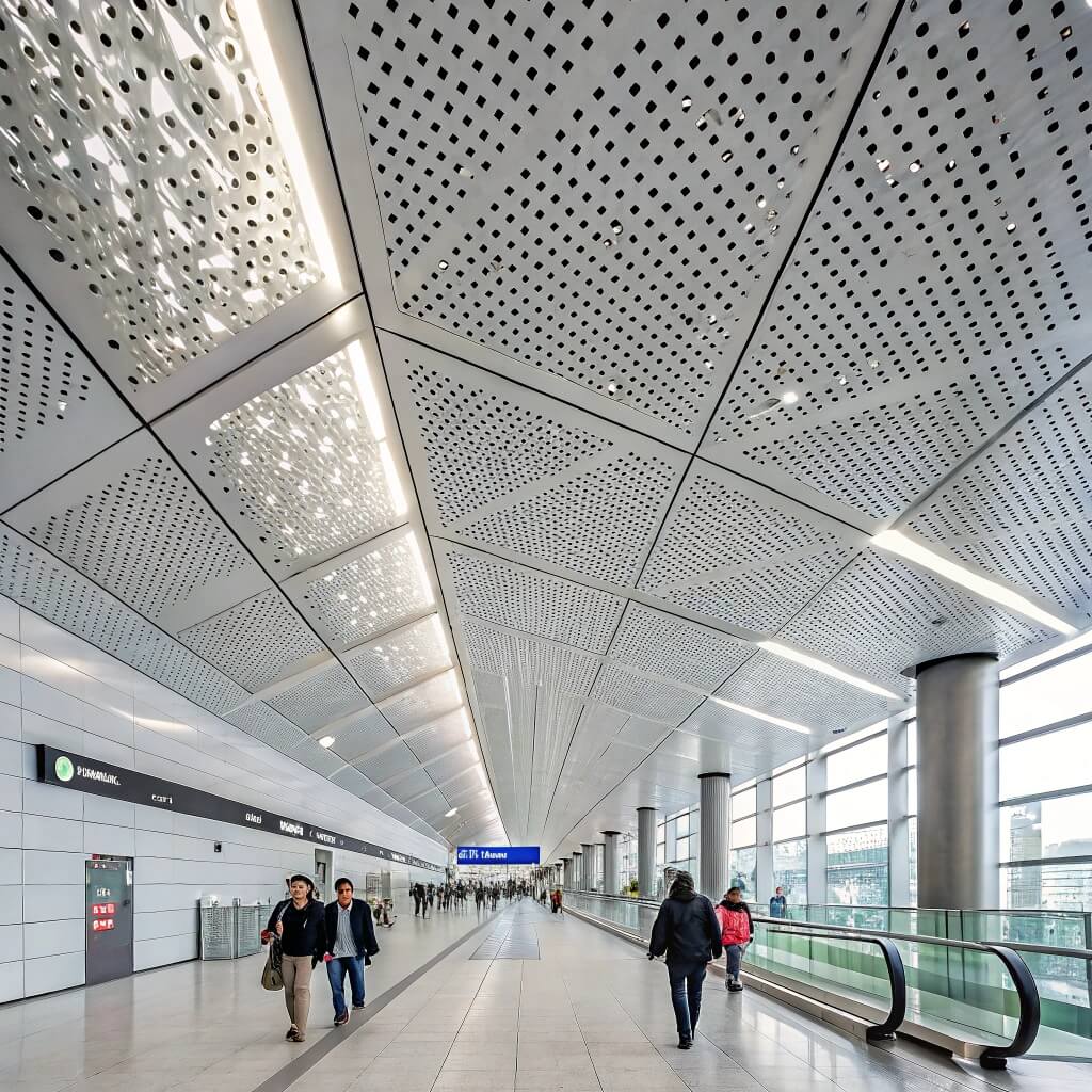 Airport terminal ceiling with geometric metal panels