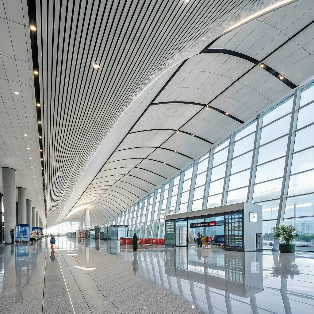 Airport with wave-shaped aluminum ceiling and skylight