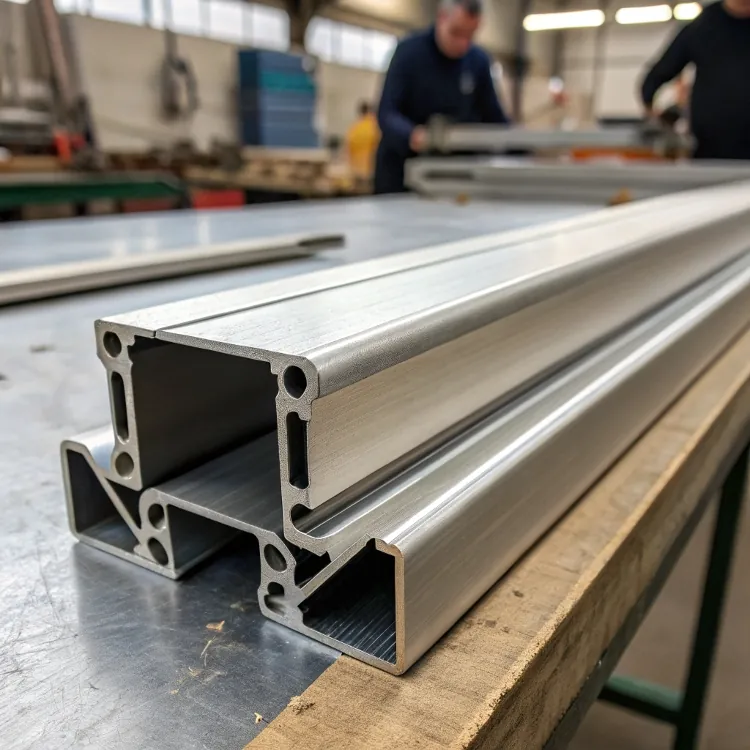 Perfil de extrusión de aluminio sobre mesa de taller metálica