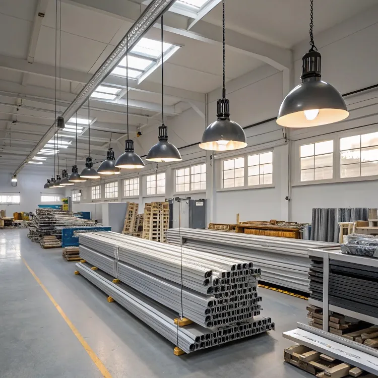Aluminum profiles stacked in bright warehouse
