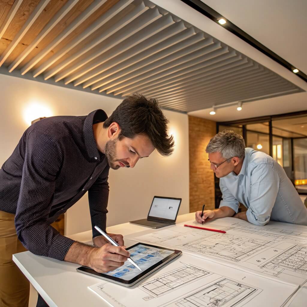 Architects discussing ceiling panel designs in modern office