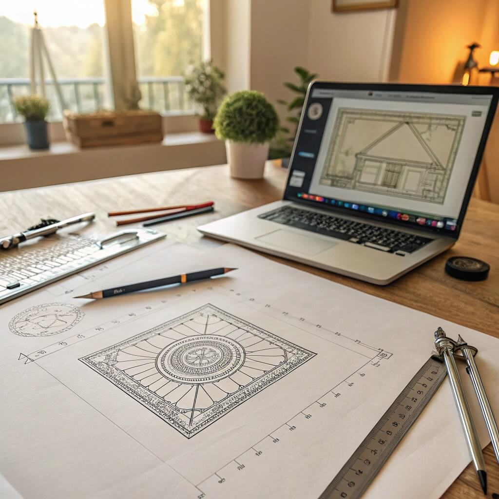 Architectural design drawing on wooden table