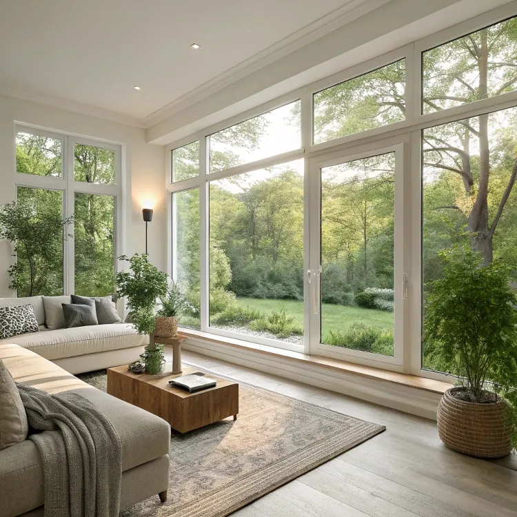 Habitación luminosa con grandes ventanales y vistas al bosque