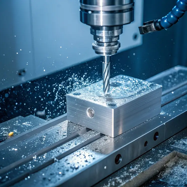 CNC machine cutting aluminum block