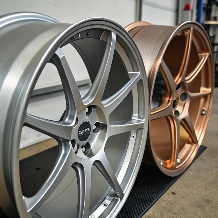 Close-up of silver and bronze alloy car rims