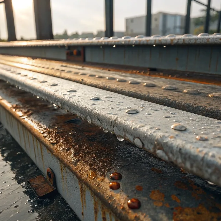 Primer plano de vigas metálicas oxidadas y mojadas en un puente