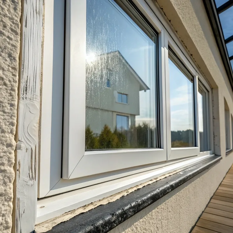 Primer plano del marco de una ventana blanca que refleja la casa