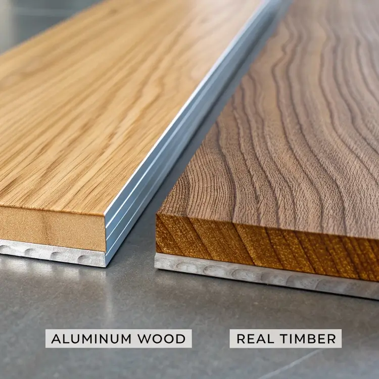 Comparison of aluminum wood finish with natural timber