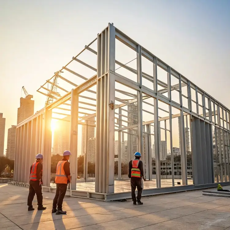 Construction workers assembling steel building frame