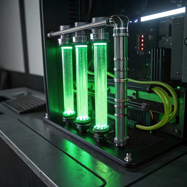 Custom PC liquid cooling system with green lighting