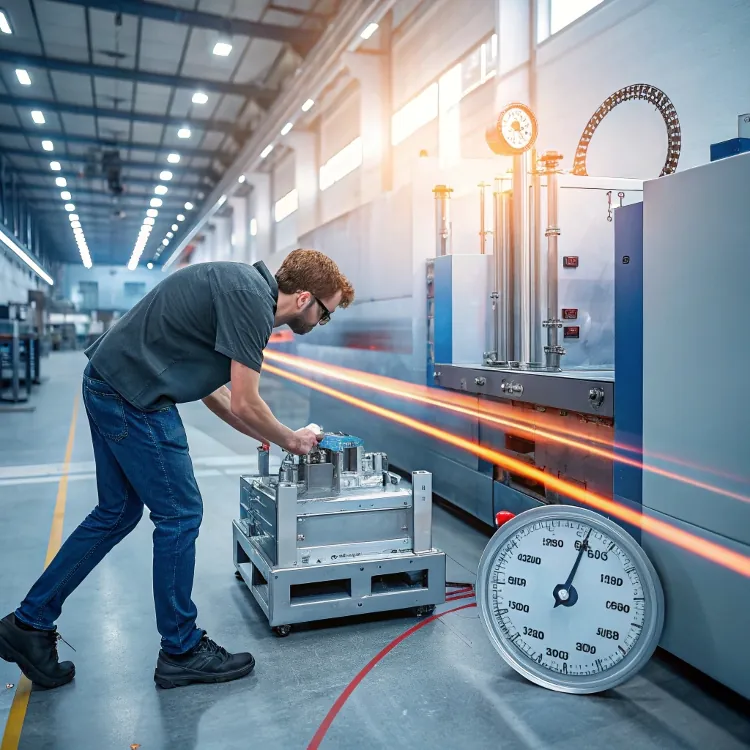 Ingeniero con máquina de presión de alta precisión