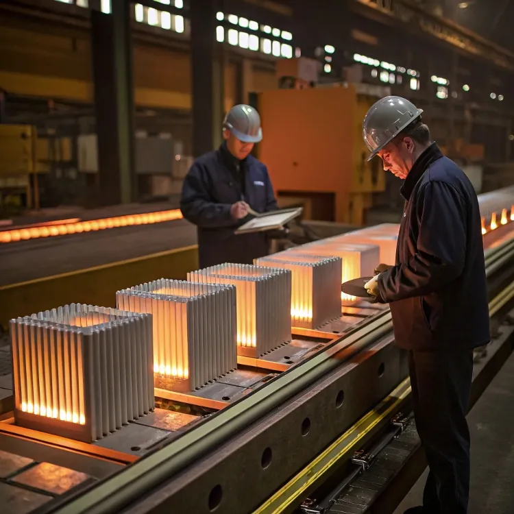 Des ingénieurs inspectent des dissipateurs thermiques industriels incandescents