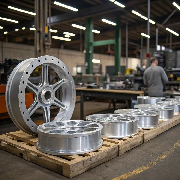 Factory floor with aluminum alloy rims on pallet