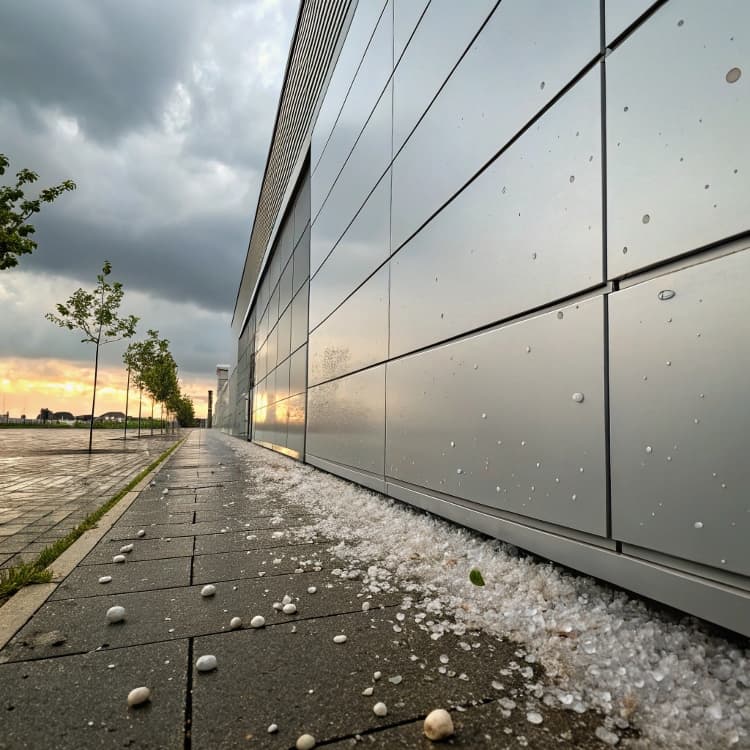 Glass building wall with hailstones