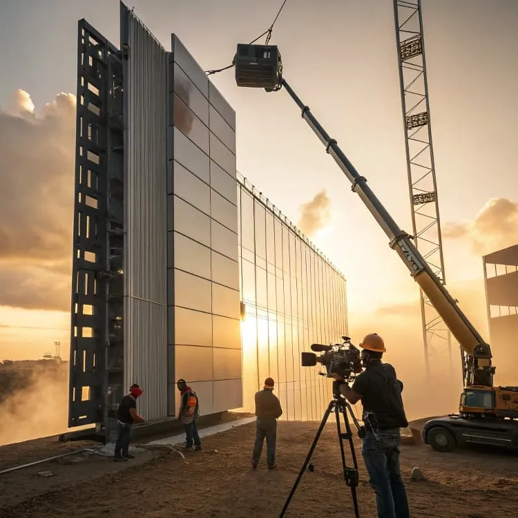 Glass facade installation at sunset