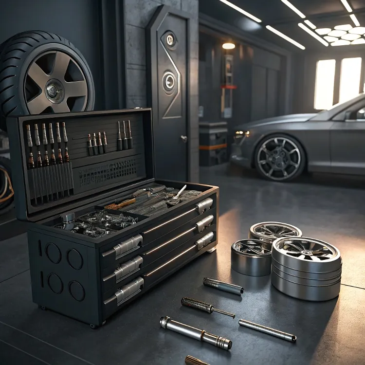 High-end automotive workshop with tools and wheels