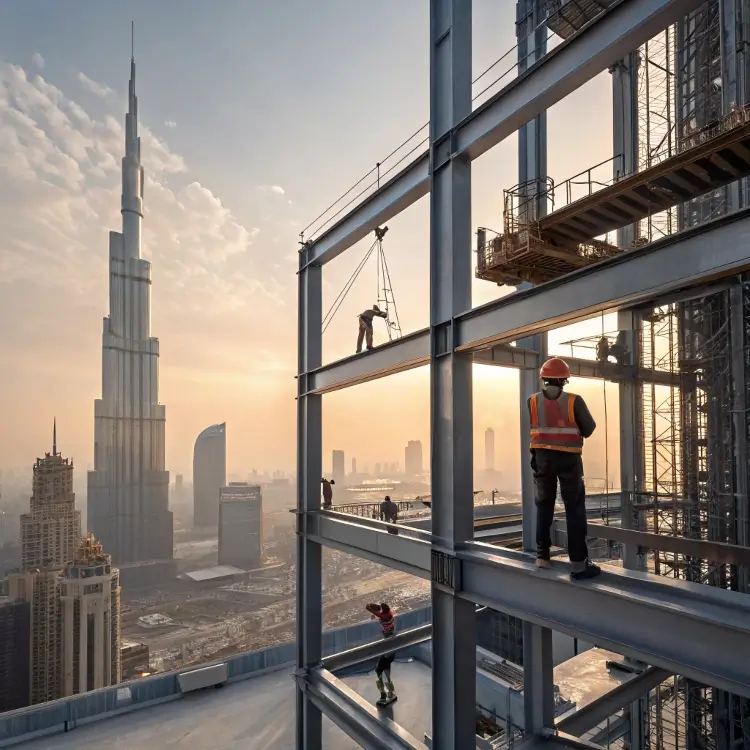High-rise construction workers on skyscraper skeleton