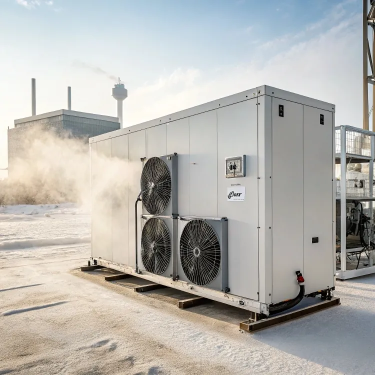 Industrial refrigeration unit operating in winter
