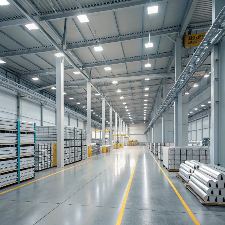 Interior de una gran instalación de almacenamiento y transformación de aluminio