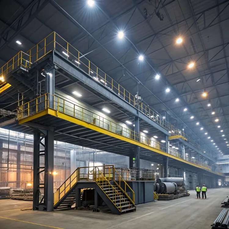 Large factory interior with steel platforms