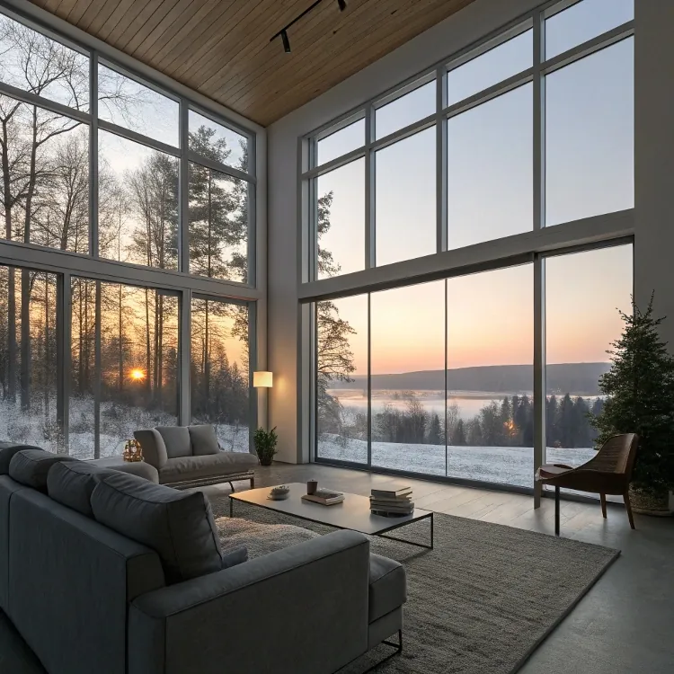Grandes ventanales con vistas a la puesta de sol en el bosque nevado