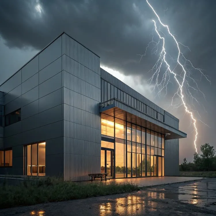 Lightning storm over glass facility