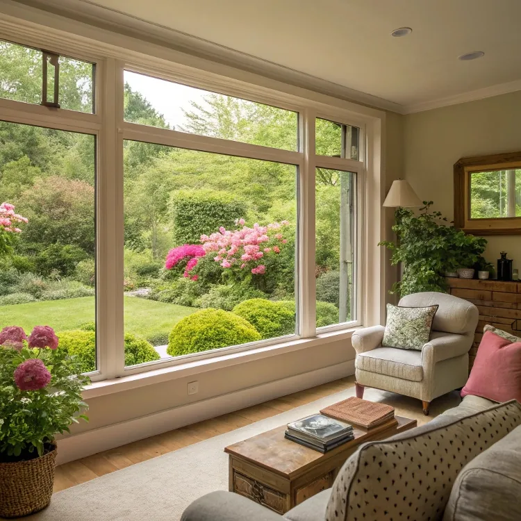 La ventana del salón se abre a un floreciente jardín primaveral