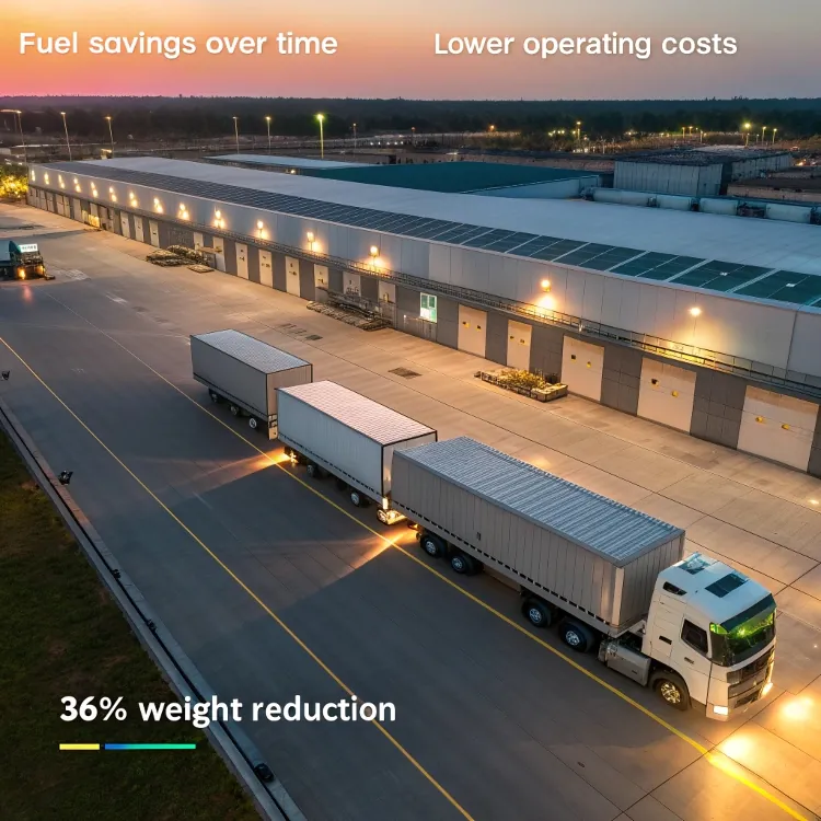 Logistics trucks at warehouse loading dock during sunset