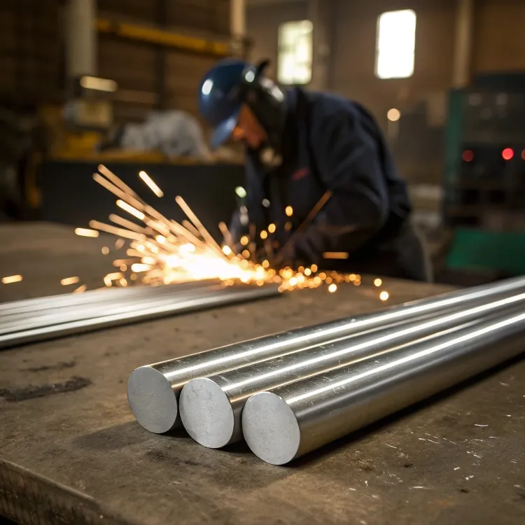 Metal rods on workshop table with sparks flying