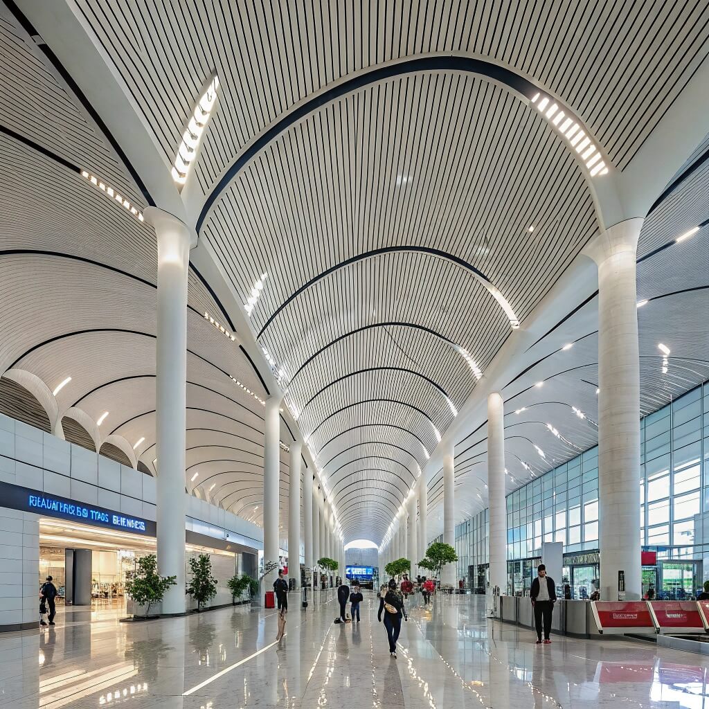 Moderna sala de aeropuerto con paneles de aluminio curvados en el techo