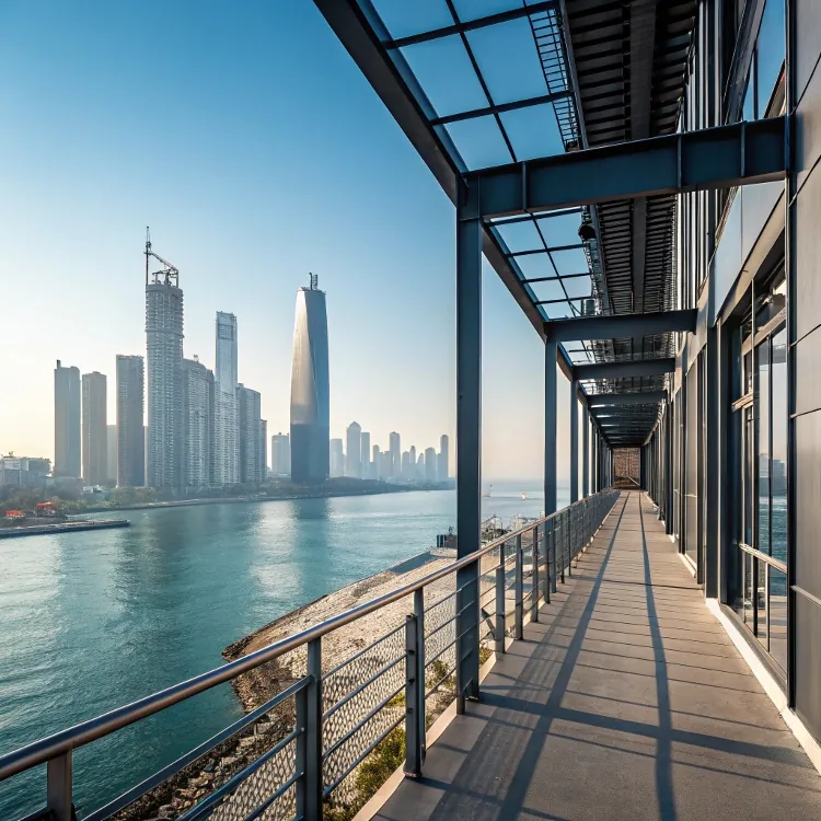 Modern city waterfront with glass buildings