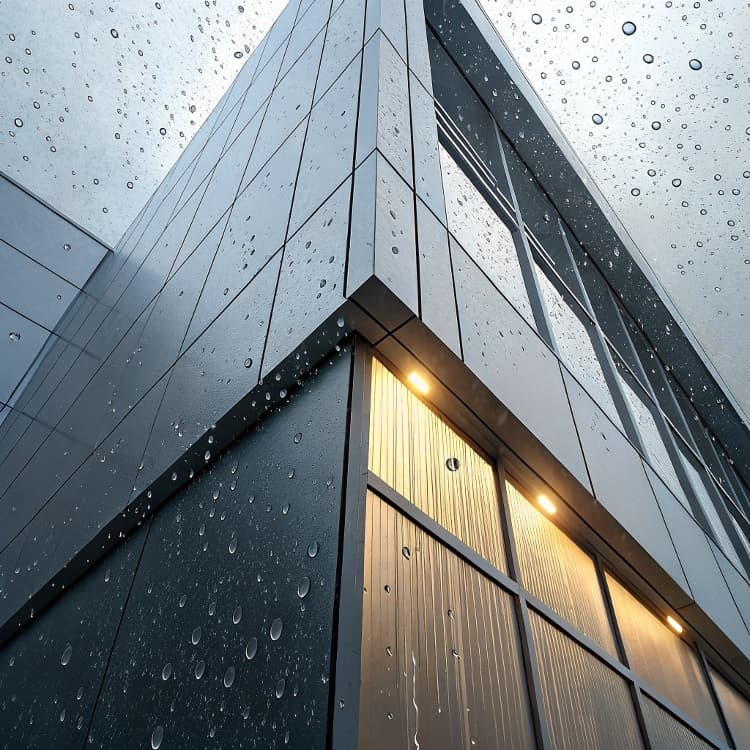 Modern glass facade with raindrops