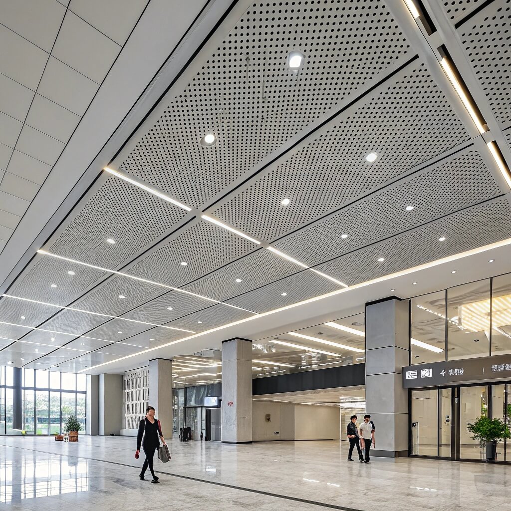 Modern lobby interior with perforated ceiling panels