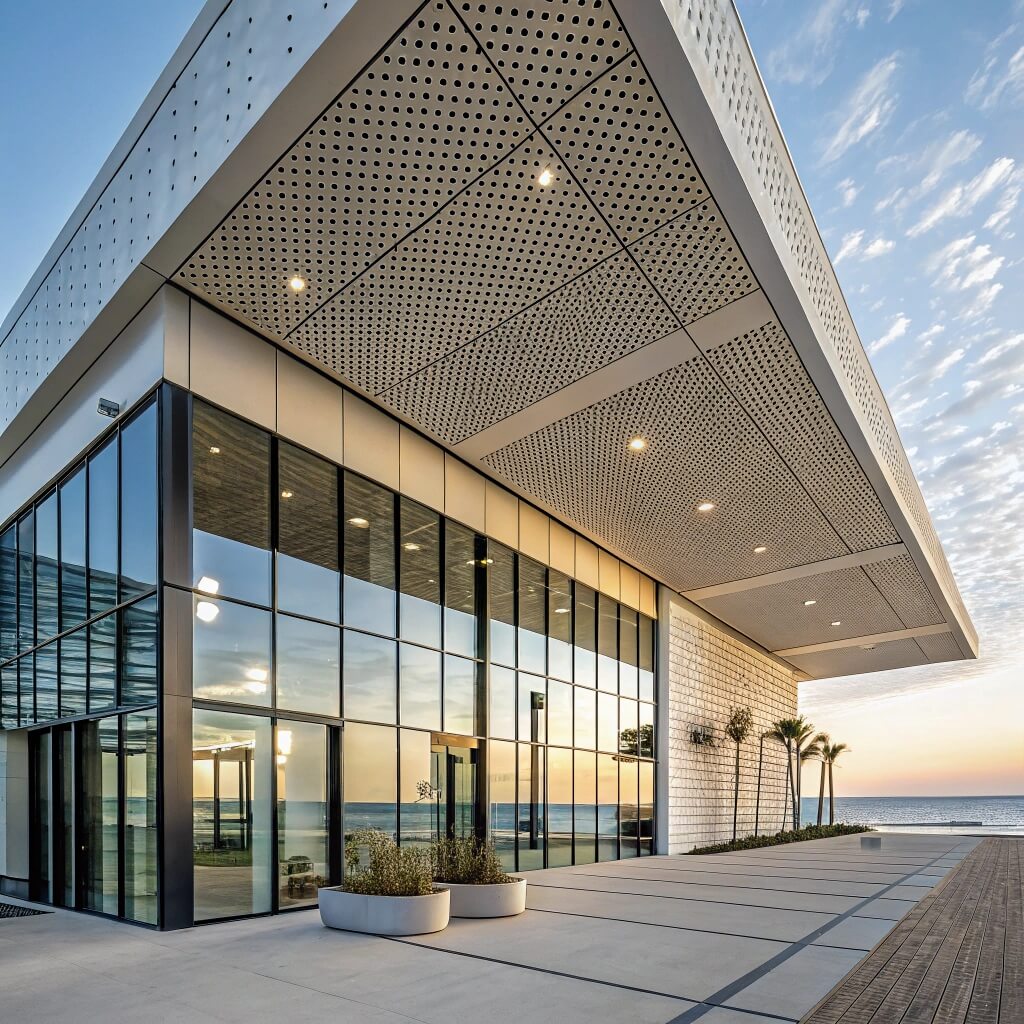 Moderne perforierte Deckenplatten in einem Gebäude an der Küste