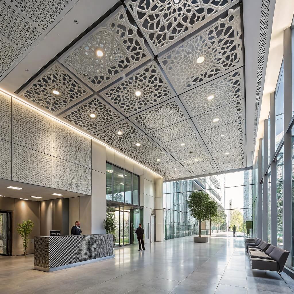 Office lobby with intricate ceiling designs