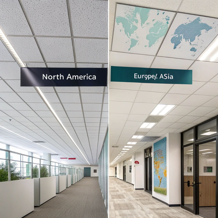 Büro mit Akustikdecke, Beschilderung für Nordamerika und Europa