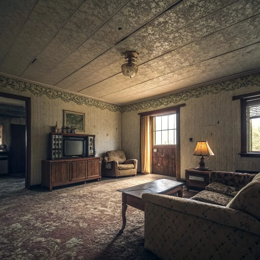 Ancienne salle de séjour avec décor vintage et télévision