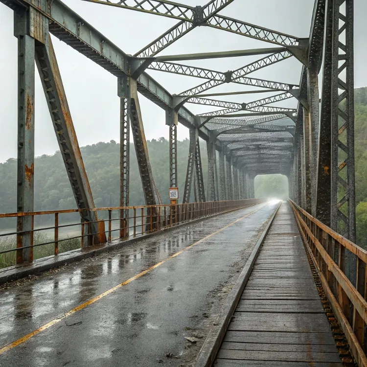 Old steel bridge in the rain, showing rust and symmetry