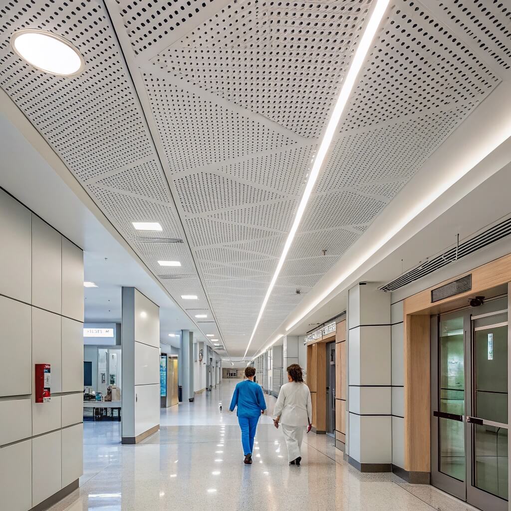 Techo de aluminio perforado en pasillo de hospital