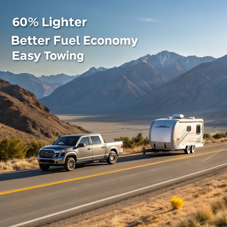 Pickup truck towing camper on scenic mountain road