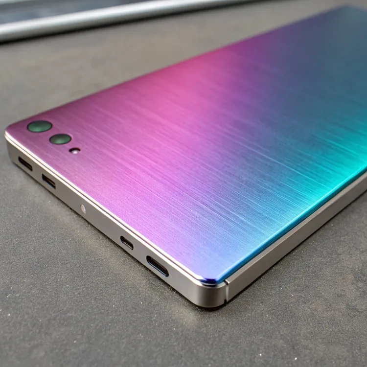 Purple to teal brushed metal smartphone back