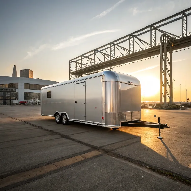 Silver enclosed trailer parked near industrial site