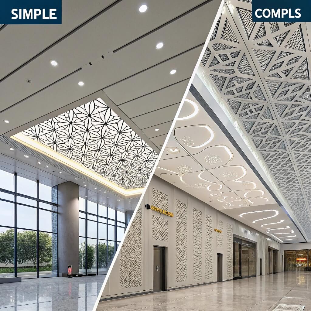Simple and complex aluminum ceiling panel patterns