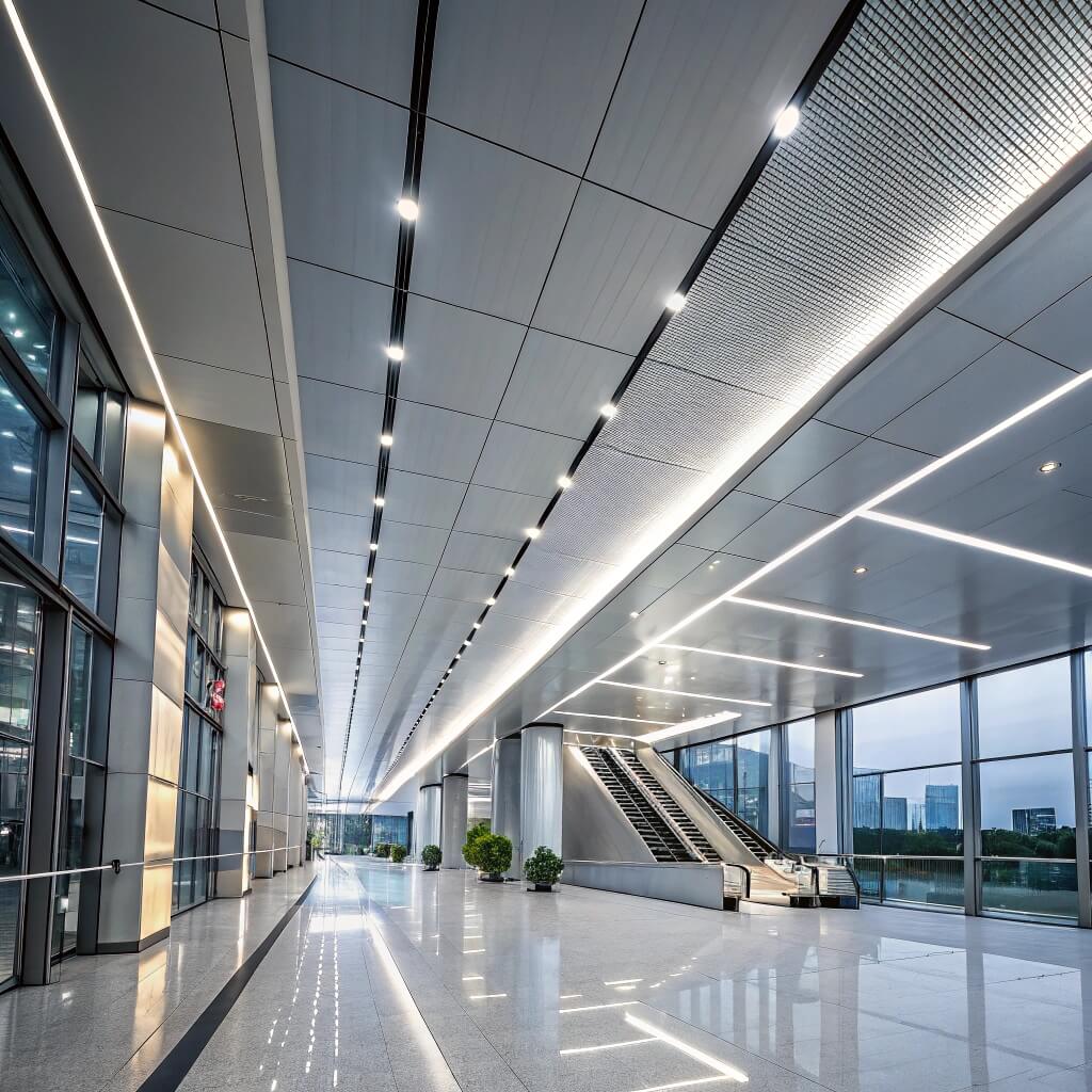 Elegante techo de aluminio en el vestíbulo de un edificio de oficinas