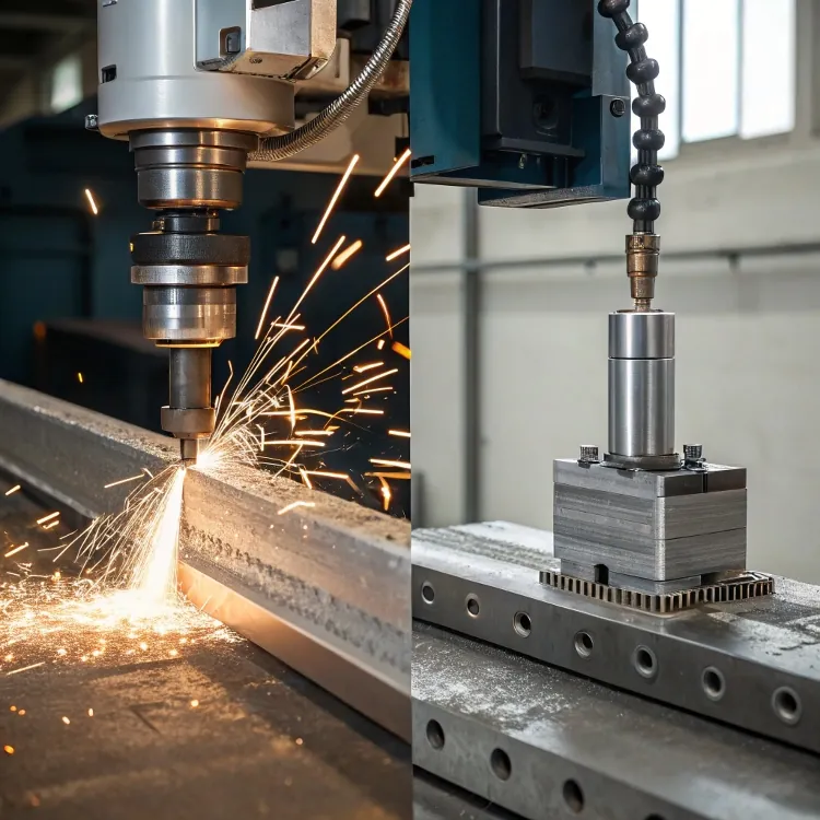Sparks fly from CNC drill cutting aluminum alloy beam