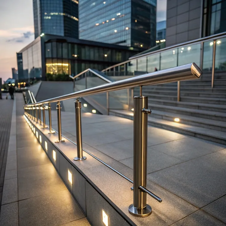 Stainless handrail system along city stairs