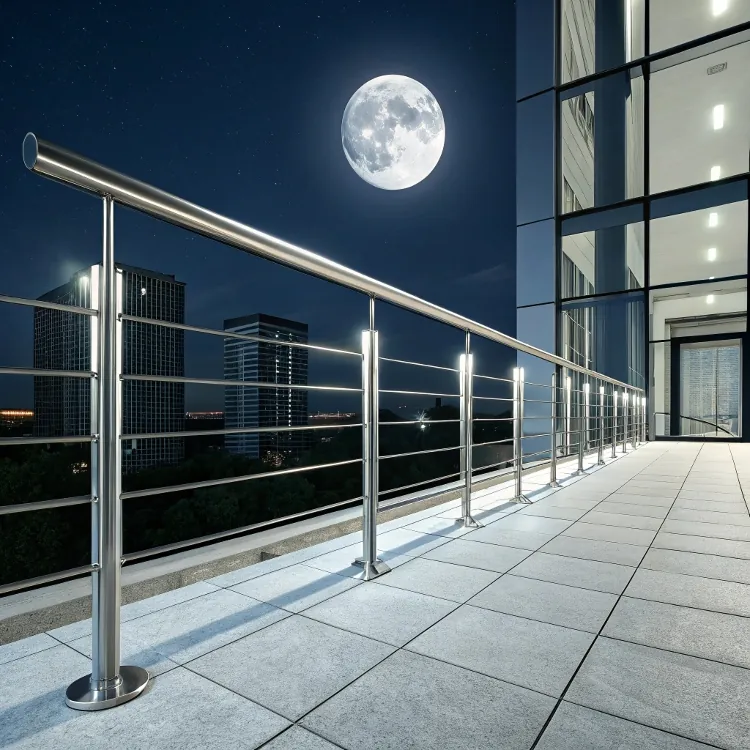 Stainless steel railing on modern balcony at night