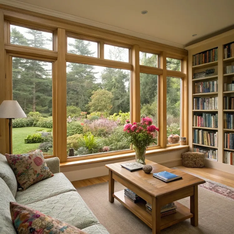 Ventanas con marcos de madera y un frondoso jardín en el exterior