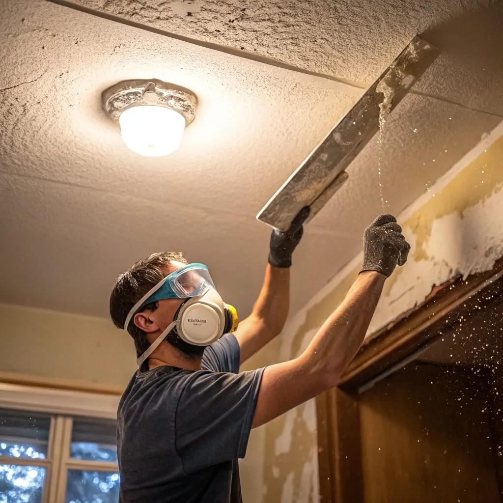 Travailleur grattant la texture du plafond
